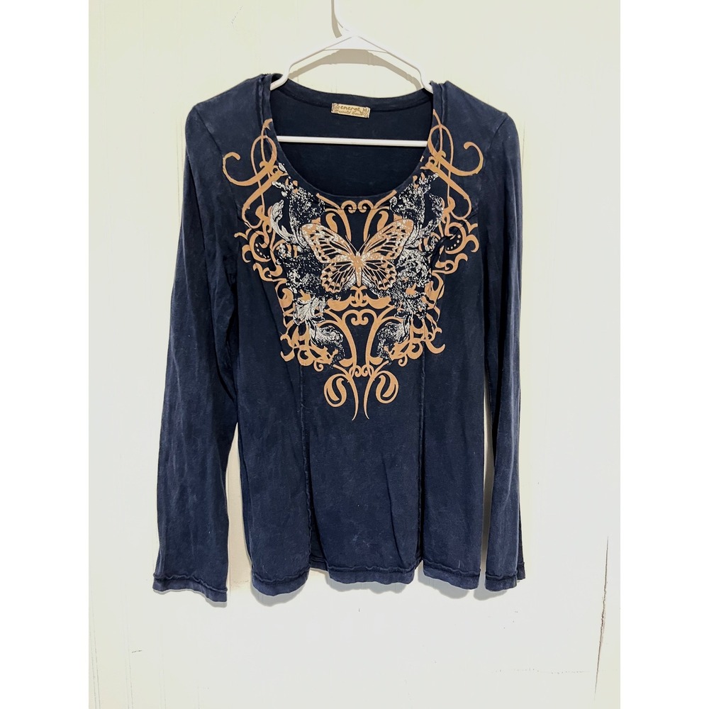 Energe Long Sleeve Top Womens M Dark Blue Butterfly Graphic Y2K Grunge